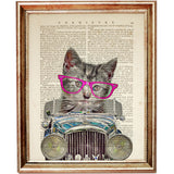 Cat With Pink Sunglasses Driving Car Styled Animals Set of 8 Dictionary Art Prints