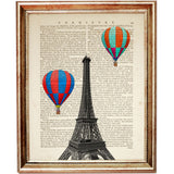 Artistic depiction of Eiffel Tower in black & white surrounded by lively balloons