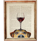 Canine art featuring red wine glass on dog's head