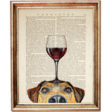 dog illustration with a glass of red wine balanced on its head, printed over a vintage book page