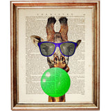 Quirky Dictionary Art Print of a Giraffe Wearing Sunglasses and Blowing Green Bubblegum