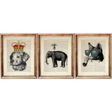 set of three animal prints including crowned dog, elephant with bird, and cool cat with shades
