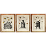 Set of three bee and beehive illustrations printed on vintage dictionary pages, perfect for rustic or farmhouse decor
