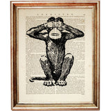 Set of 3 Wise Monkeys Dictionary Art Prints, Guardians of Virtue Decor