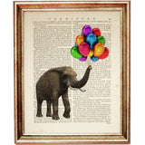 Set of 4 Elephants with Balloon Dictionary Art Prints, Wildlife Decor