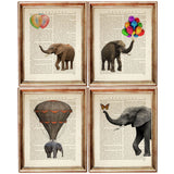 Set of 4 Elephants with Balloon Dictionary Art Prints, Wildlife Decor