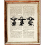 Three Wise Monkeys Dictionary Art Print, Wisdom and Visual Elegance