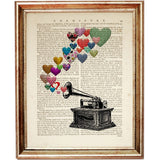 Vintage Gramophone Heart Dictionary Art Print, Wall Decor for Music Lovers