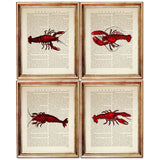 Set of 4 Lobster Dictionary Art Print, Captivating Crimson Crustaceans