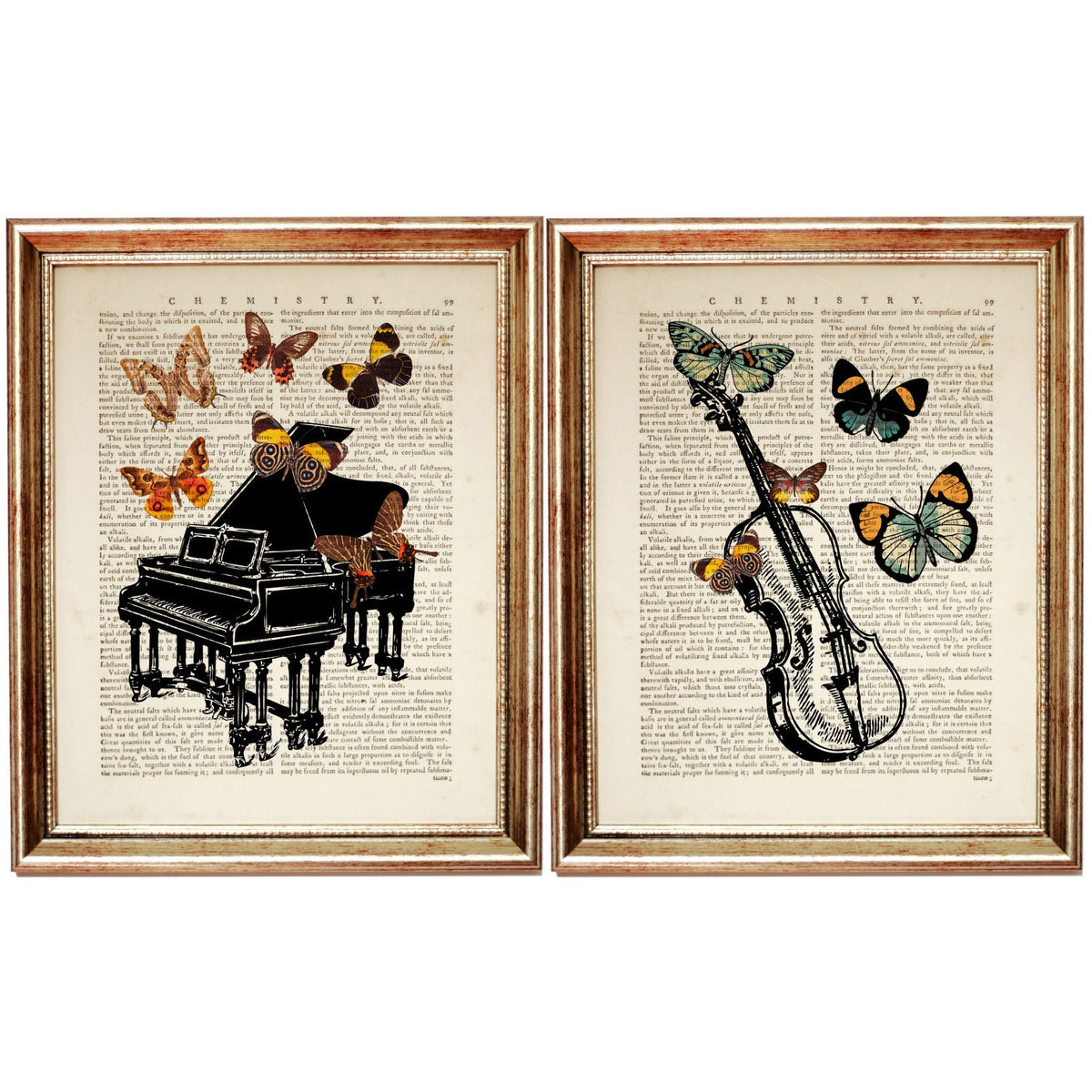 Musical Instruments Wall Art Set, Piano & Violin Dictionary Art Prints