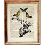 Set of 4 Deer Portraits with Butterflies Dictionary Art Prints