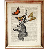 Set of 4 Deer Portraits with Butterflies Dictionary Art Prints
