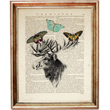 Set of 4 Deer Portraits with Butterflies Dictionary Art Prints