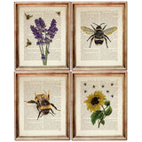 Set of 4 Flower with Bees Dictionary Art Prints, Nature's Harmony Art