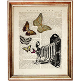Vintage Camera with Butterflies Dictionary Art Print, Nostalgic Fusion