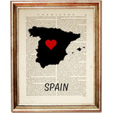 Spain Map with Red Heart Dictionary Art Print, Love for Spain Wall Art