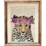 Leopard Wall Art Set 3 Dictionary Art Prints, Animal Portrait with Glasses, Flowers, Butterfly