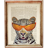 Leopard Wall Art Set 3 Dictionary Art Prints, Animal Portrait with Glasses, Flowers, Butterfly