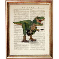 Art print of a dinosaur playing an electric guitar in a prehistoric rock scene
