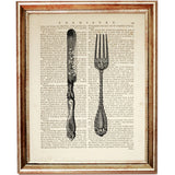 Traditional table knife and four-pronged fork with ornamental handles in a black-and-white vintage cutlery illustration