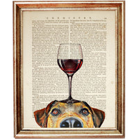 Canine art featuring red wine glass on dog's head