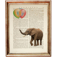 Playful dictionary art featuring elephant and balloons