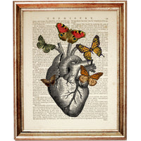 Vintage anatomical heart illustration with colorful butterflies on an antique dictionary page background