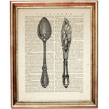 Two differently shaped antique-style spoons with detailed handles illustrated on an aged dictionary book page