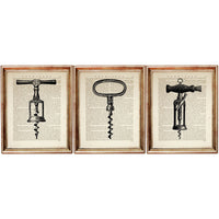 Vintage Corkscrew Dictionary Art Prints Set of 3 - Wine Bottle Opener Decor