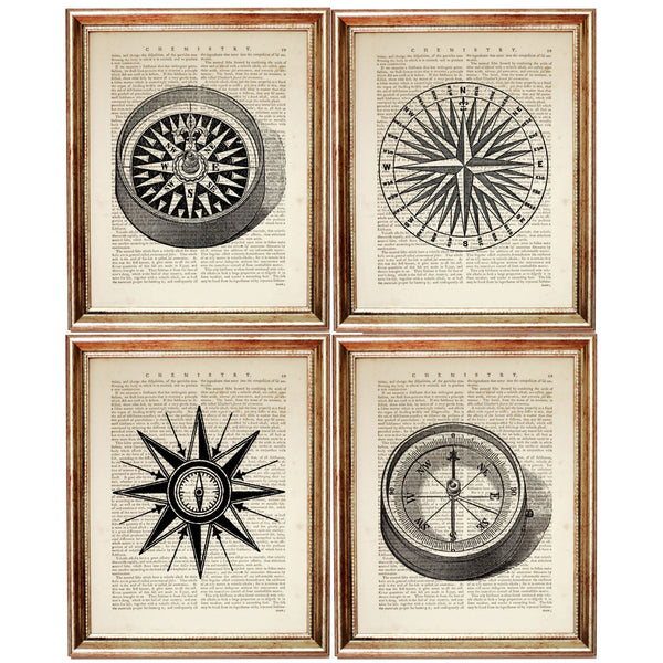 Set of 4 Vintage Compass Dictionary Art Prints, Timeless Journeys Art