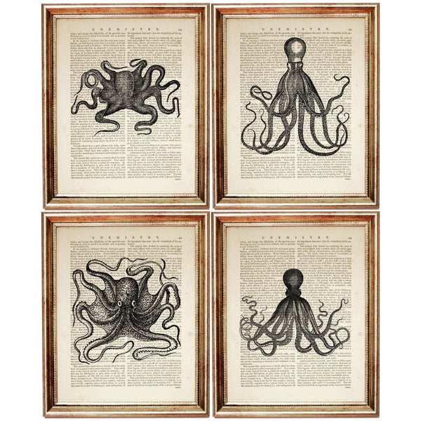 Set of 4 Black & White Octopus Dictionary Art Prints, Oceanic Elegance