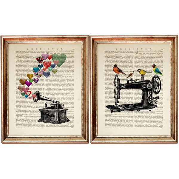 Vintage Gramophone & Sewing Machine Dictionary Art Prints - Set of 2 Wall Art Décor