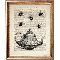 Vintage Teapot with Bees Dictionary Art Print, Tea Lover Wall Decor