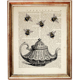 Vintage Teapot with Bees Dictionary Art Print, Tea Lover Wall Decor