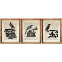 Vintage Typewriter, Gramophone, Telephone with Birds Trio, Set of 3 Dictionary Art Prints