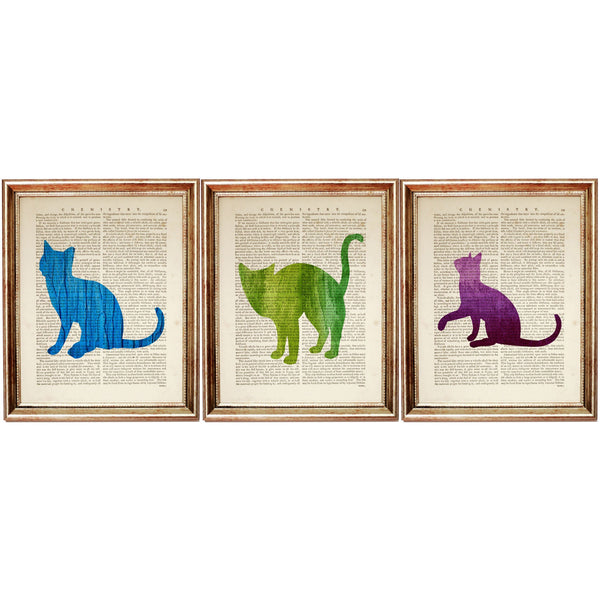 Cat Silhouette Prints Set of 3 Nursery Wall Decor Trio, Vintage Poster Art