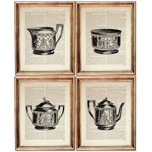 Set of 4 Vintage Teapot Dictionary Art Prints, Timeless Elegance Decor