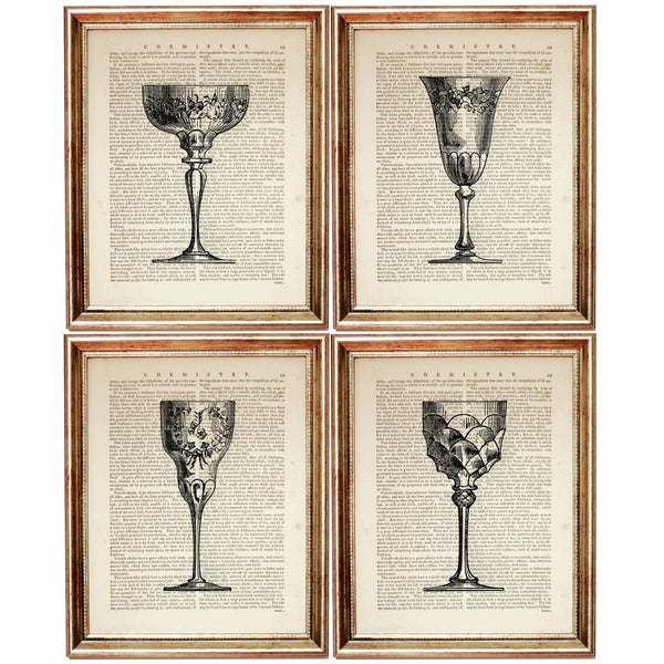 Set of 4 Vintage Wine Glasses Dictionary Art Prints, Vintage Elegance