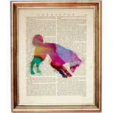 Abstract dog illustration with intricate blue, orange and yellow patterns, one front paw raised, printed over a vintage dictionary page.