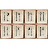 Set of eight framed vintage cutlery dictionary art prints arranged in two rows, featuring black-and-white knives, forks and spoons